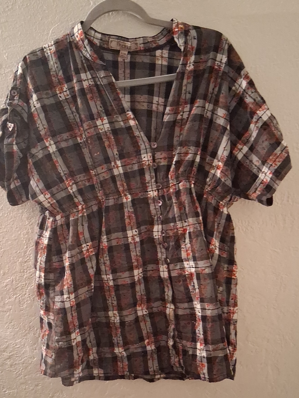 Decree Gray & White Plaid Kids Button-Front Dress with Orange Floral Detail